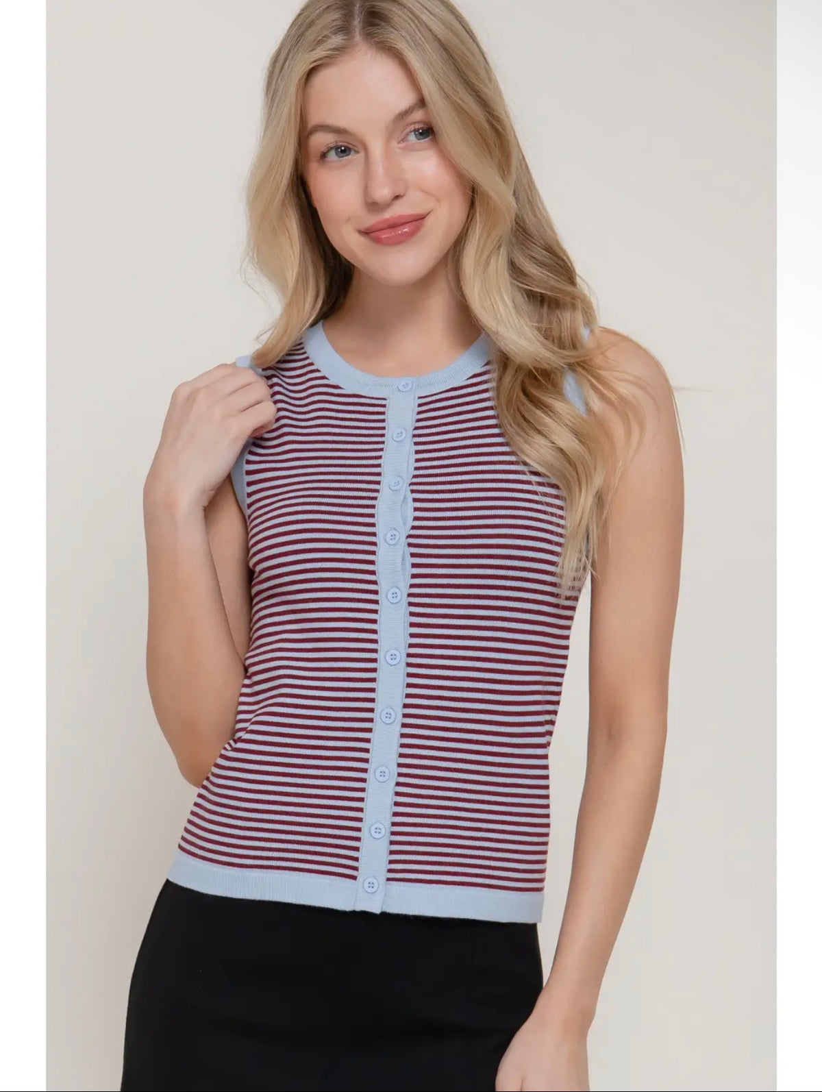 Sleeveless Crew Neck Button Down Striped Sweater Top Blue