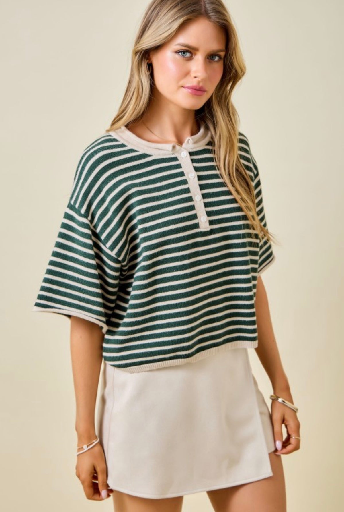 Green/Tan Striped Short Sleeve Henley Knit Top