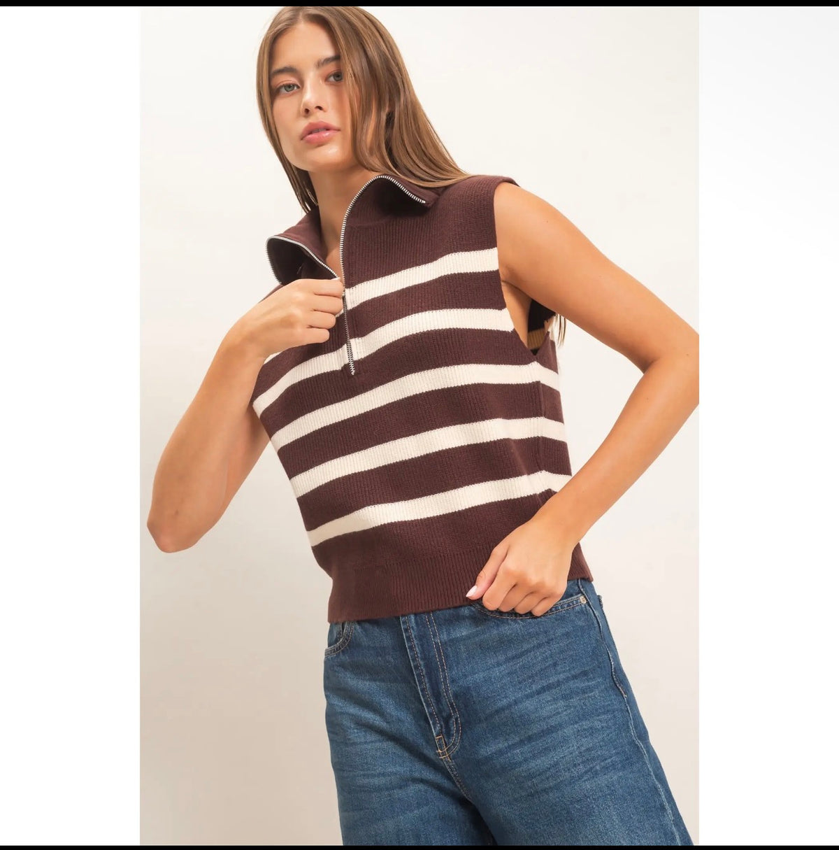 Half Zip Sleeveless Stripe Sweater