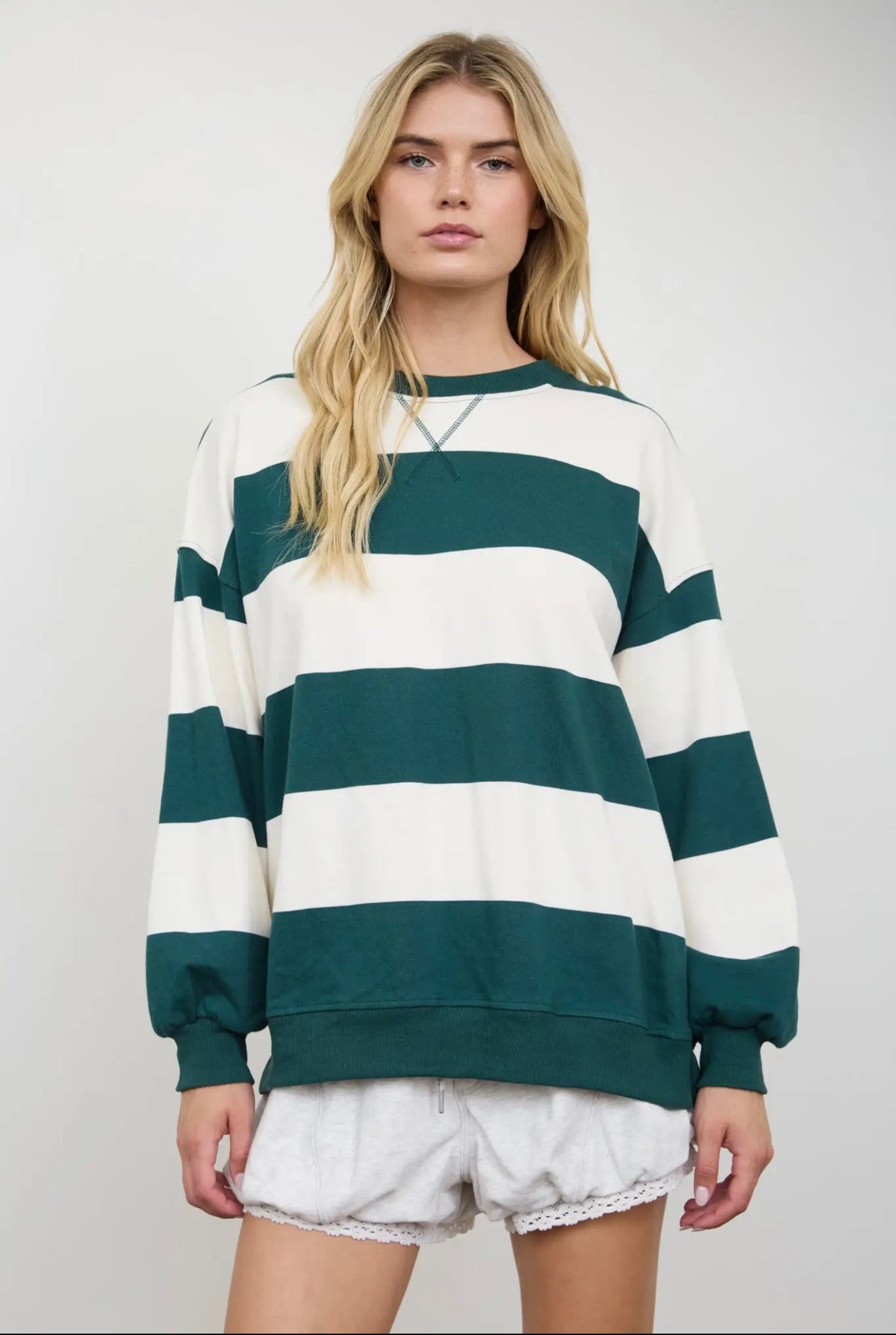 Oversized Wide Stripe Crew Neck Top Green