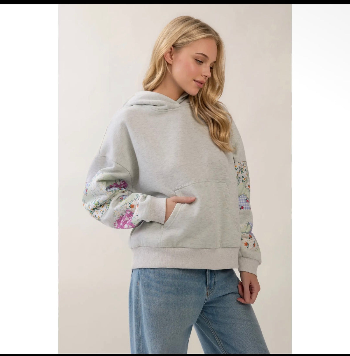 Sweatshirt Hoodie With Patch Work Sleeve Detail