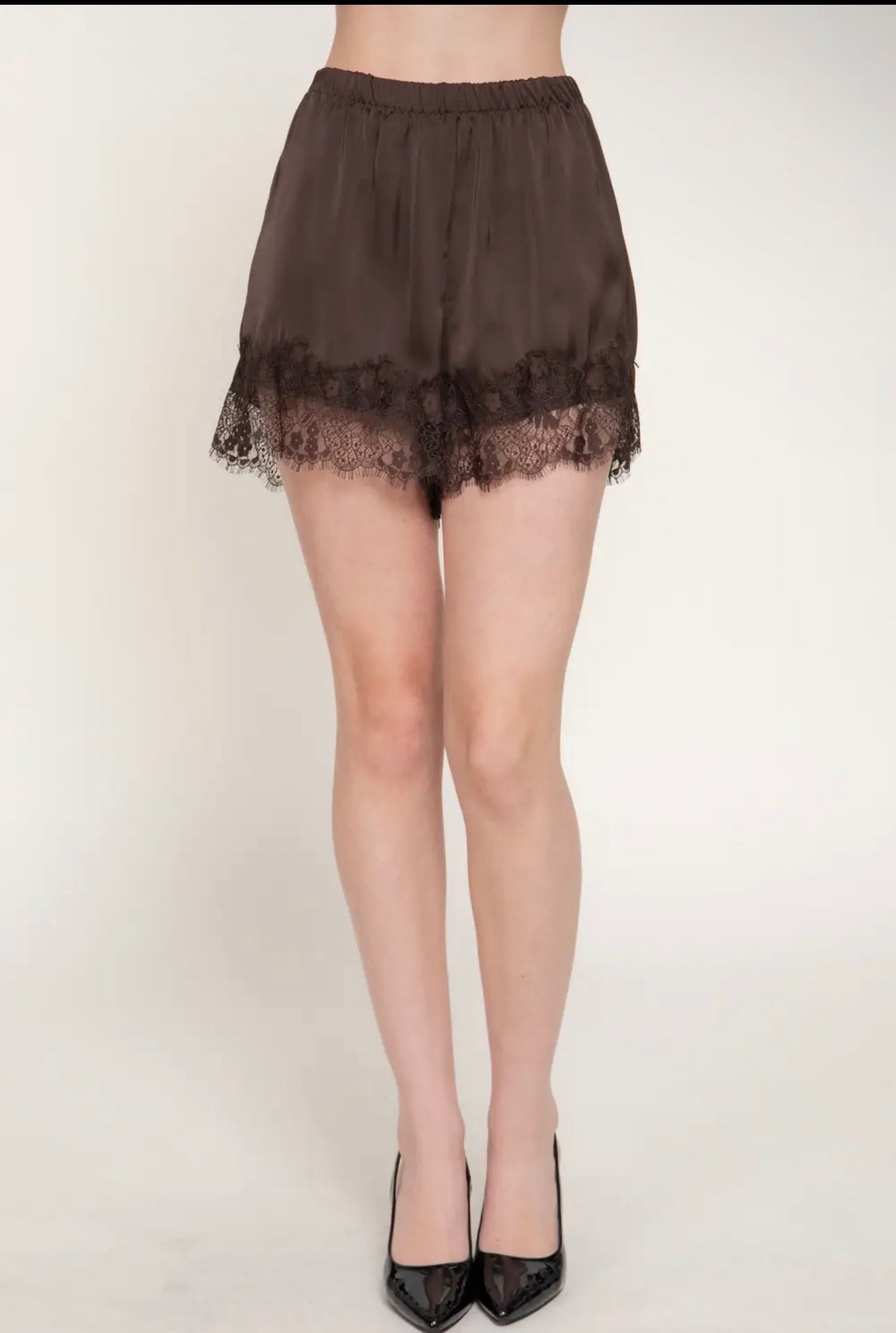 Brown Lace Trim Satin Shorts