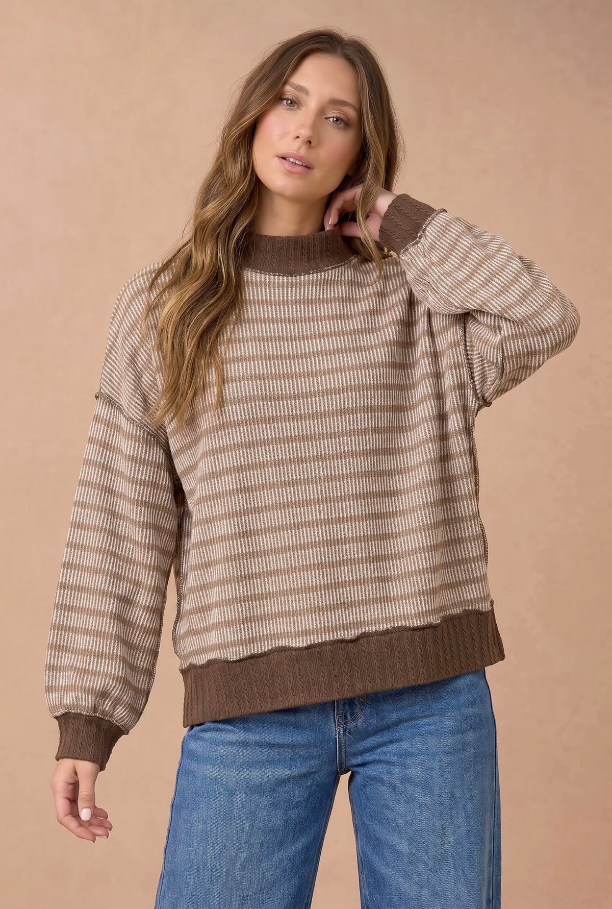 Taupe Striped Mocked Neck Ribbed Long Sleeve