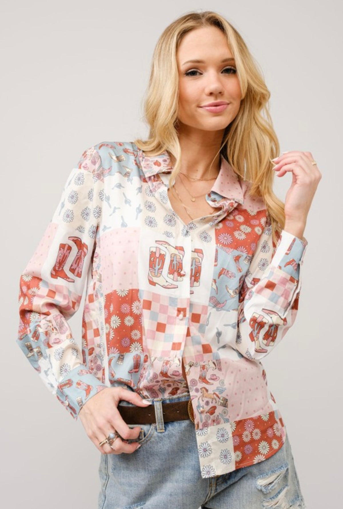 Western Patchwork Button Up Top
