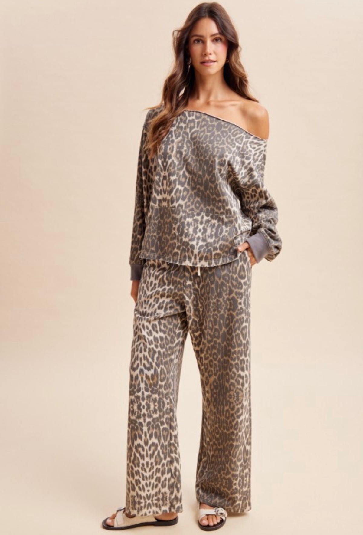 Leopard Terry Off The Shoulder Pullover