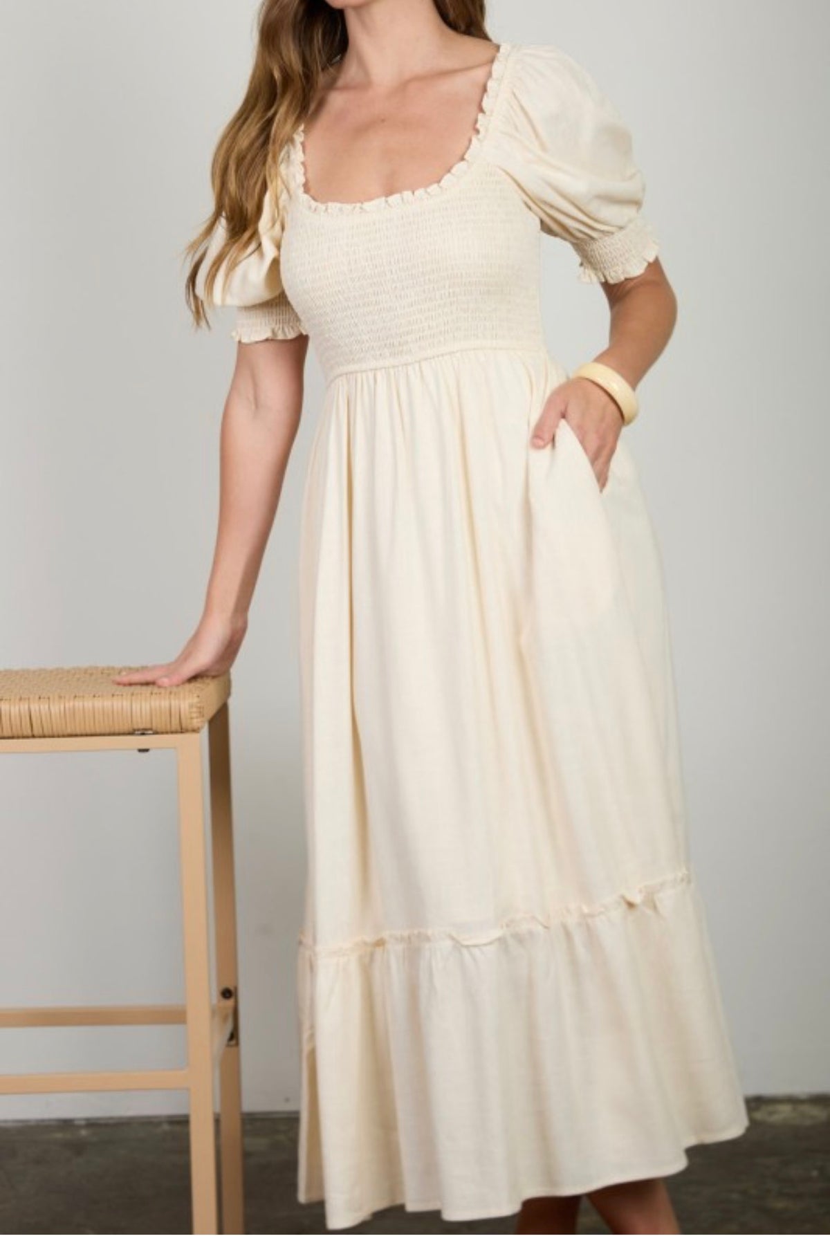 Smocked Puff Sleeve Ruffle Trim Midi Dress