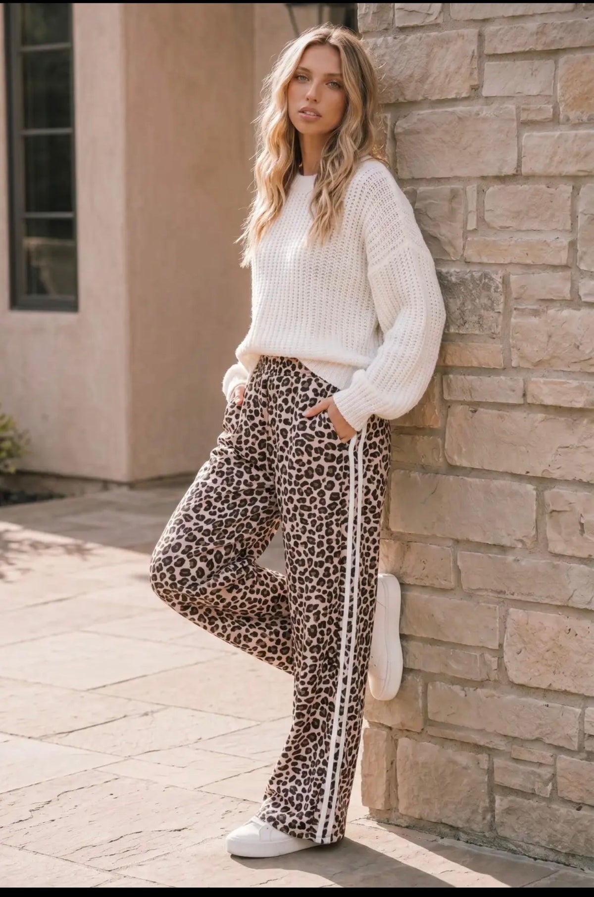Cheetah Wide Leg Pants With Side Stripe
