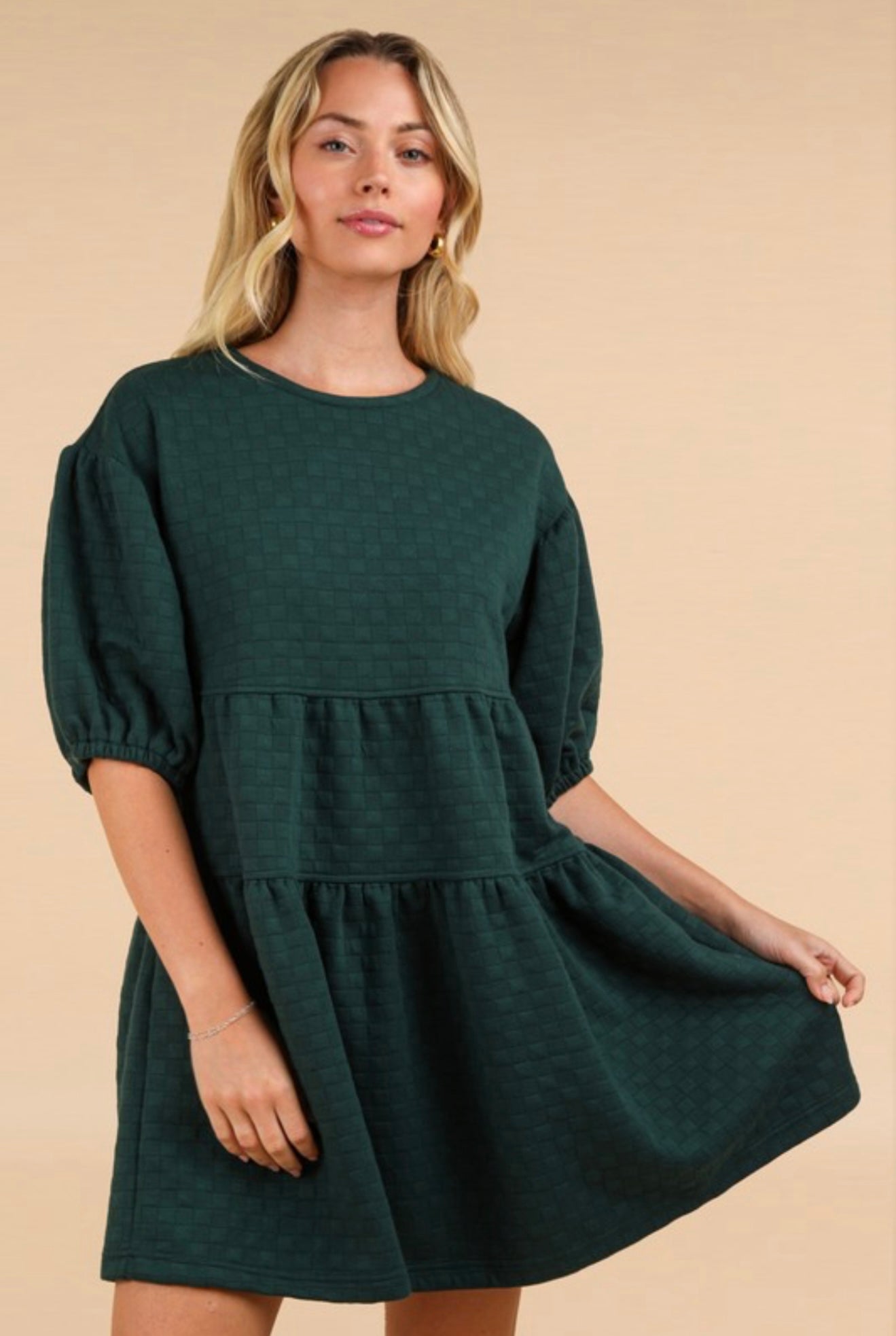 Green Quilted Puff Sleeve Dress