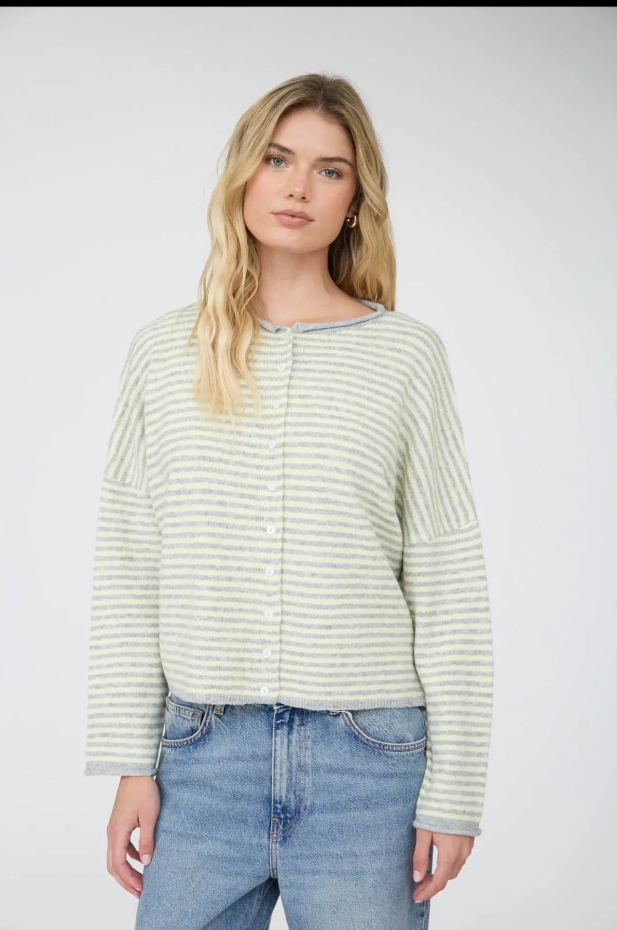 Stripe Raw Edge Drop Shoulder Knit Cardigan Yellow