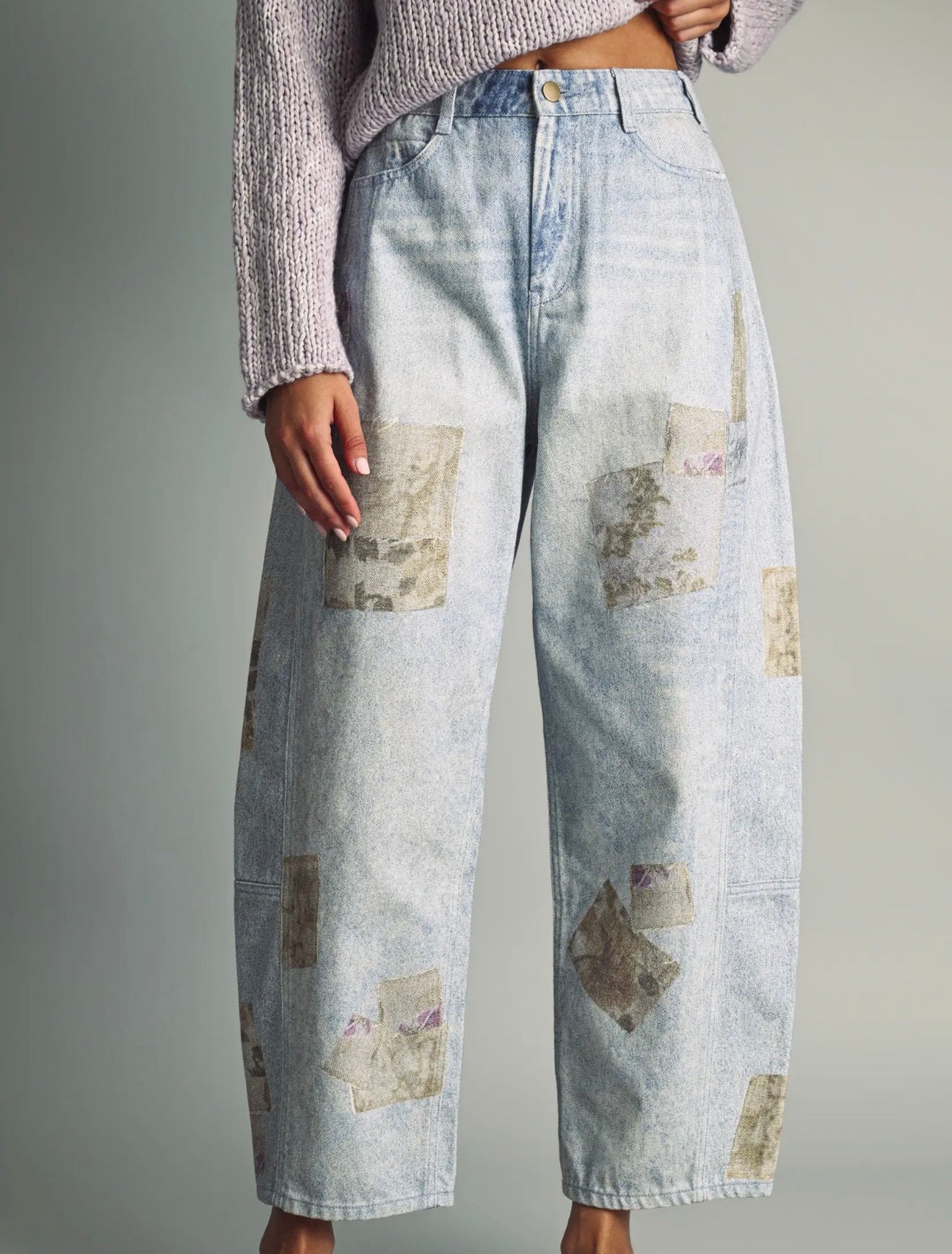 Patch Work Effect Denim Barrel Jeans