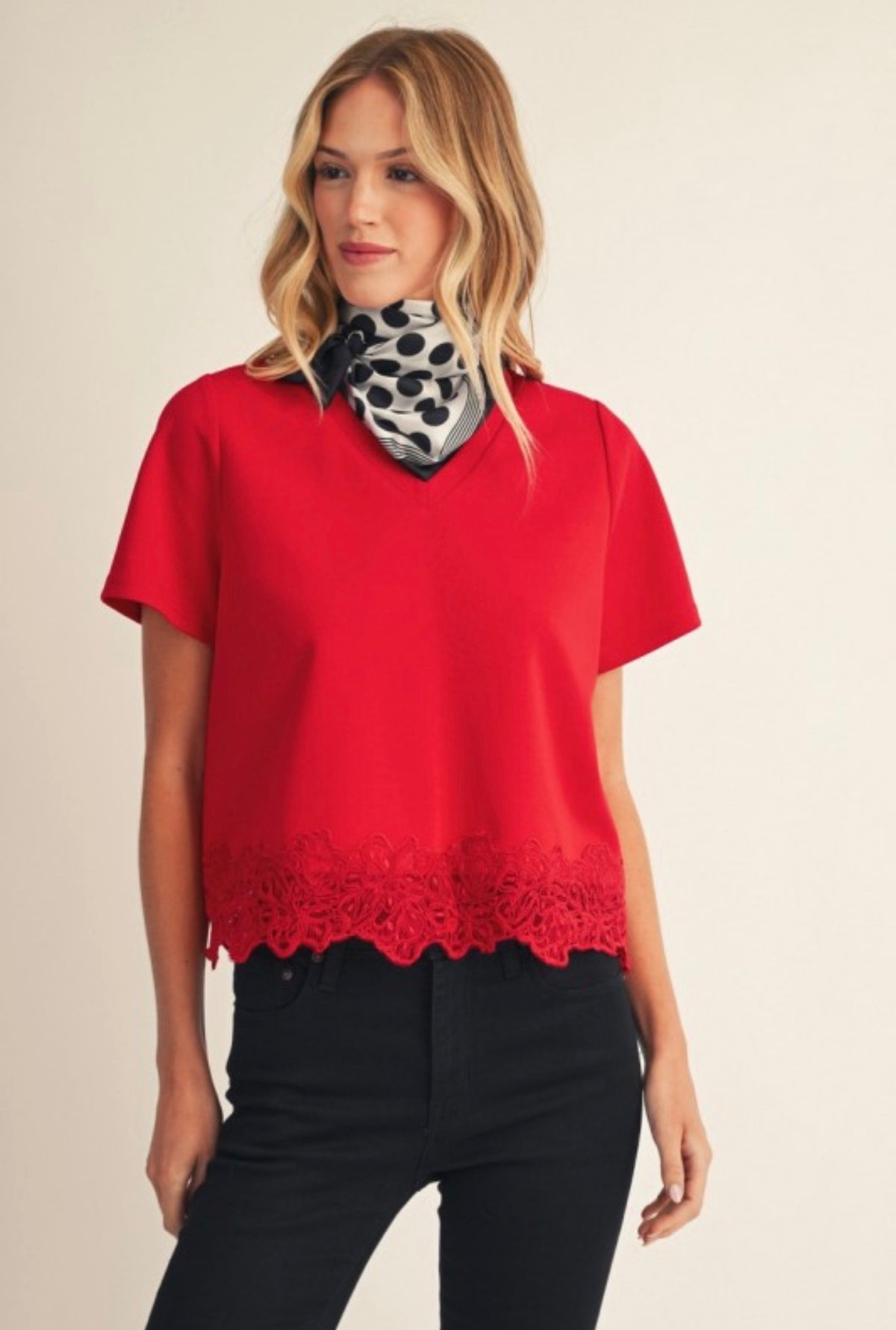 Red Lace Patch Hem Top
