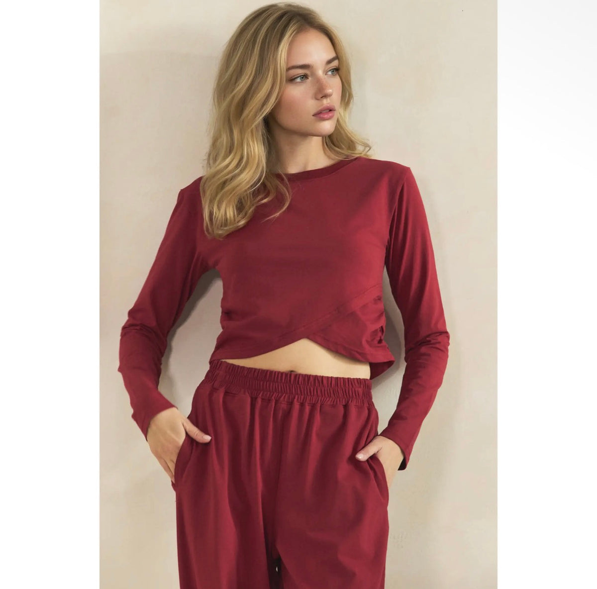 Maroon Cropped Crossover Long Sleeve Top