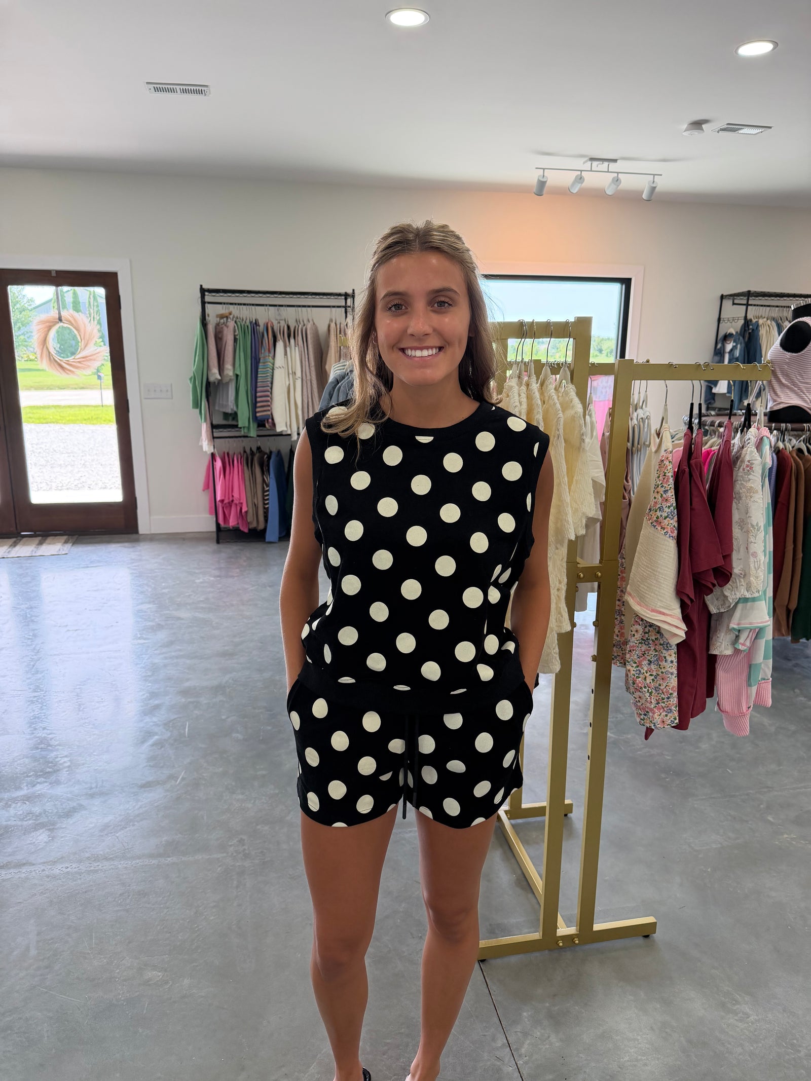Black and White Polka Dot Crew Sleeveless Crew Neck