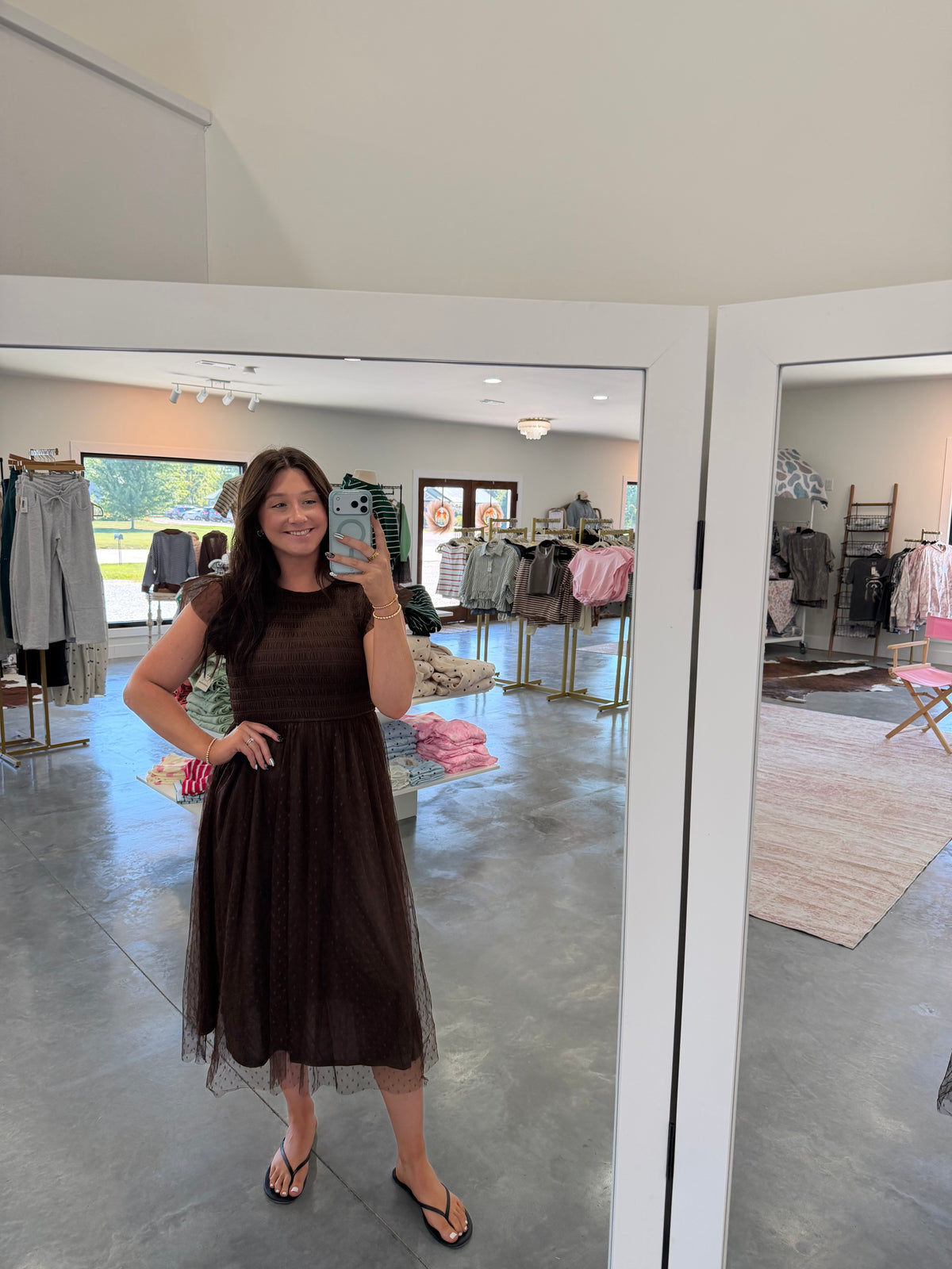 Brown Polka Dot Chiffon Smocked Midi Dress