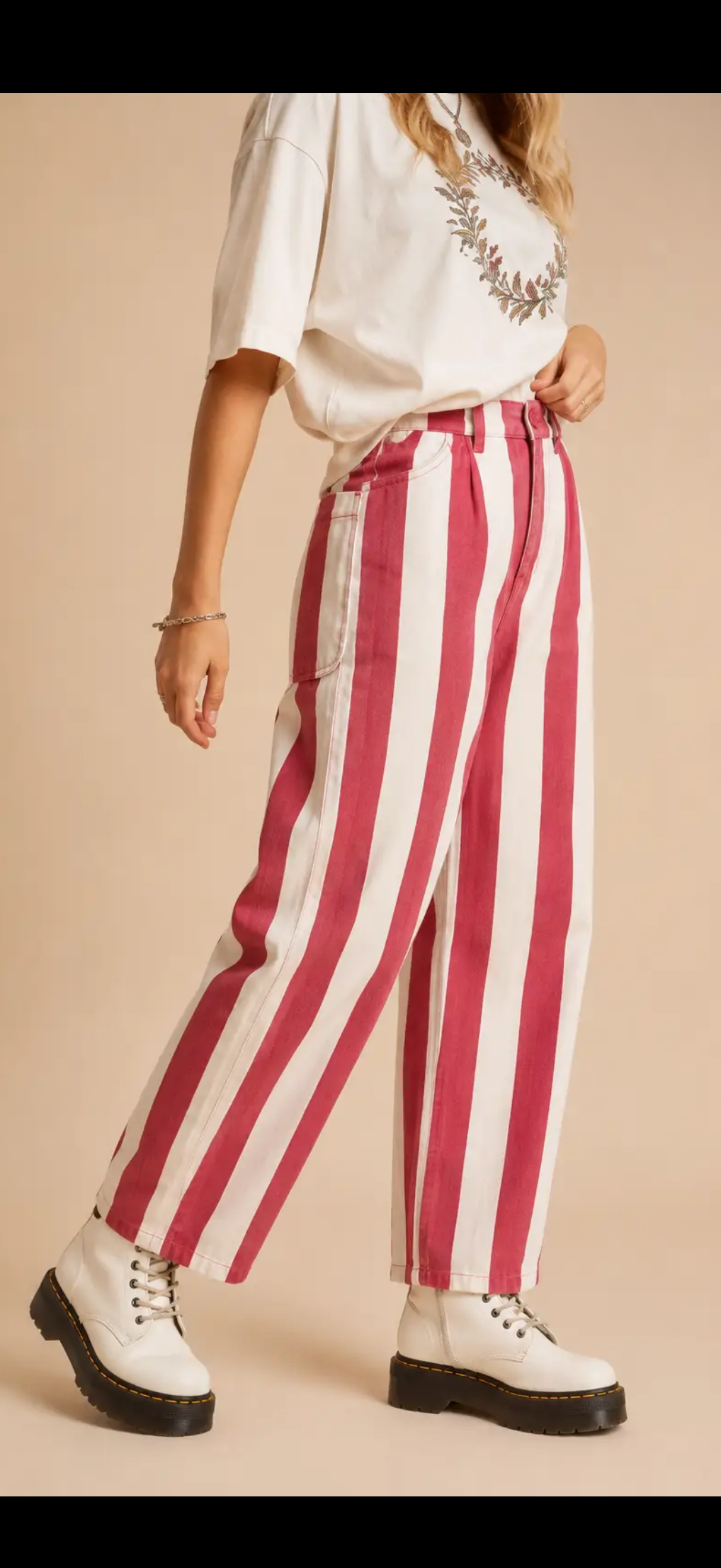 Red Candy Stripe Wide Leg Barrel Pants