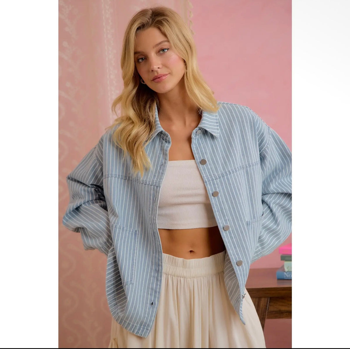 Striped Cotton Blend Button Front Shacket