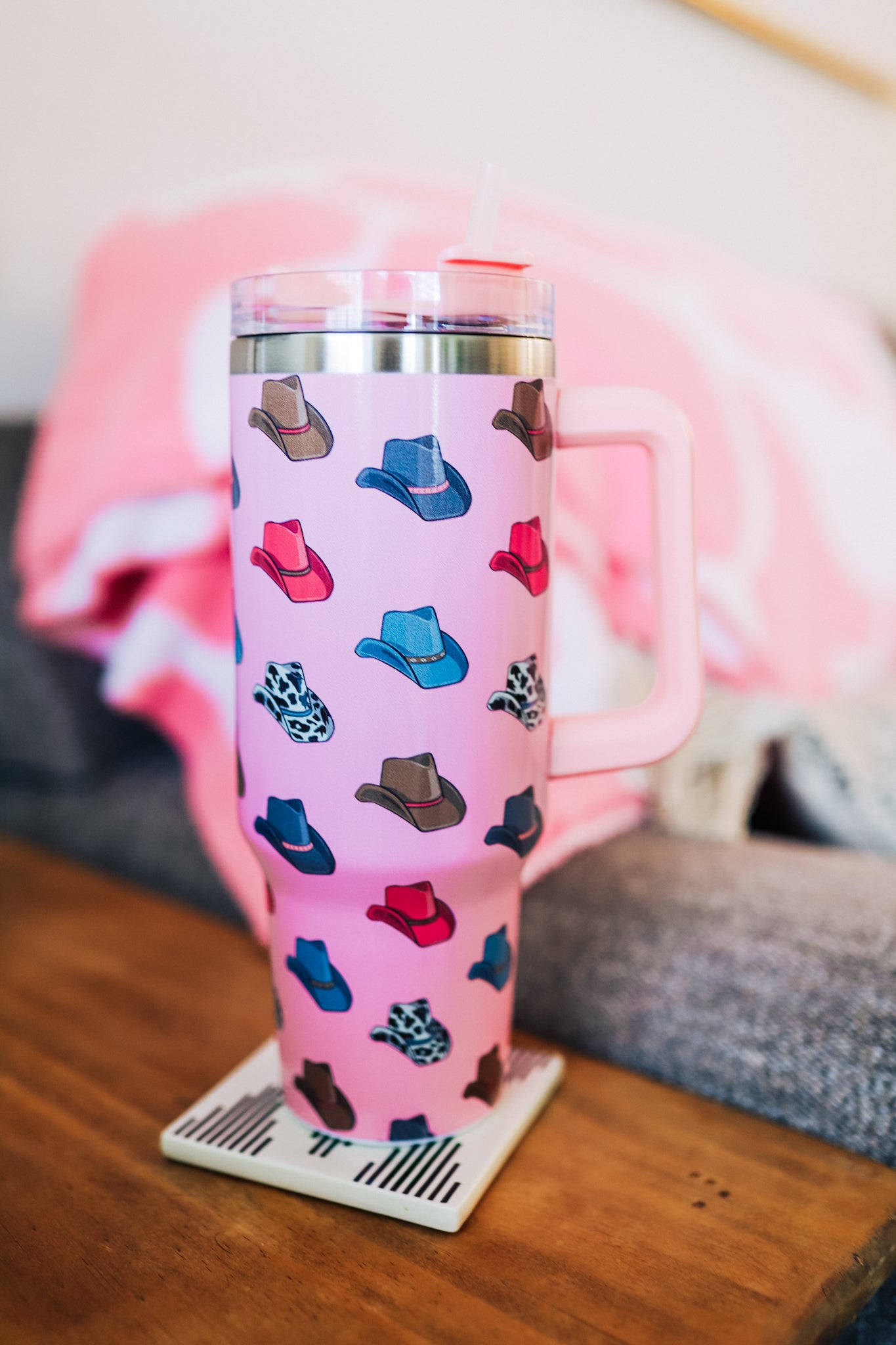 Pink Cowboy Hat Tumbler with Handle