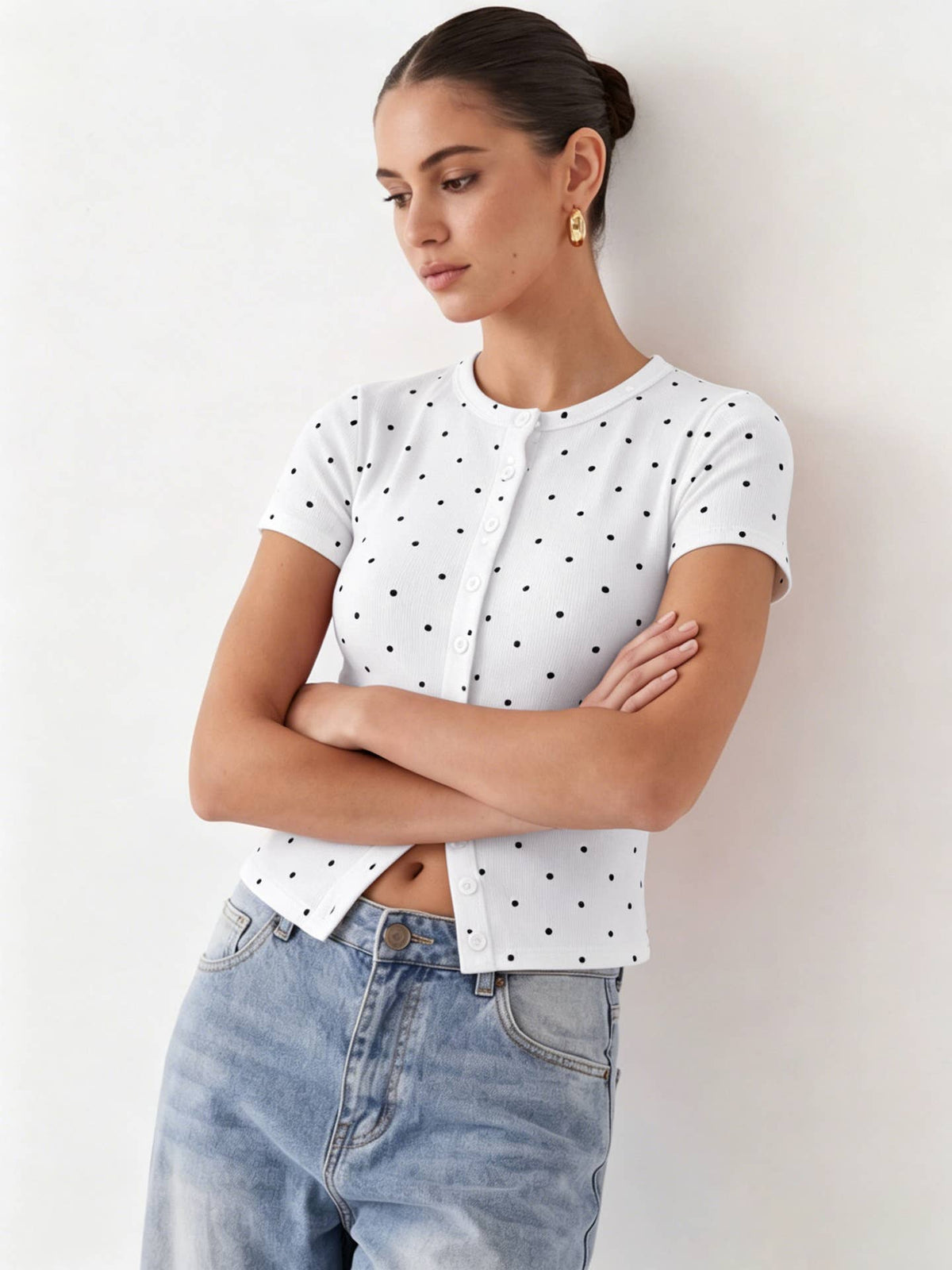 Ribbed Polka Dot Fitted Short Sleeve T-Shirt: White