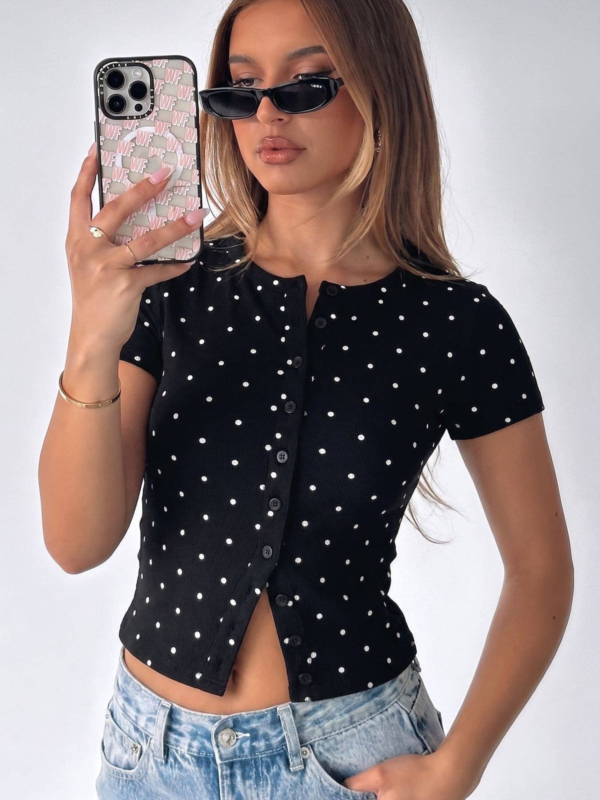 Ribbed Polka Dot Fitted Short Sleeve T-Shirt: Red