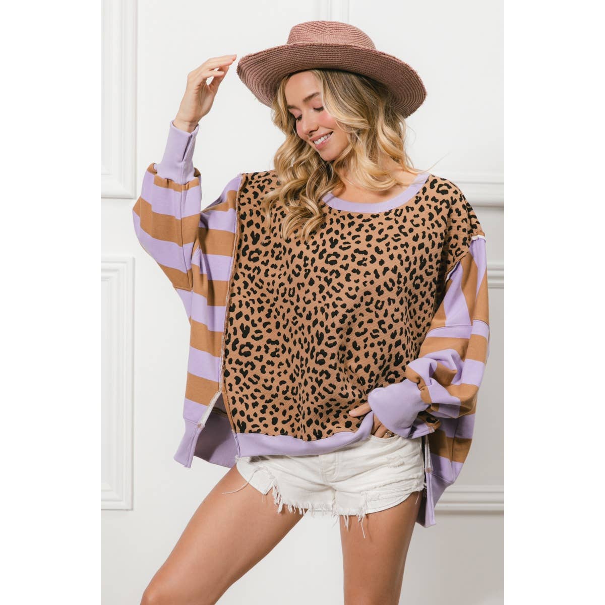 LEOPARD AND STRIPE MIXED TOP: CAMEL