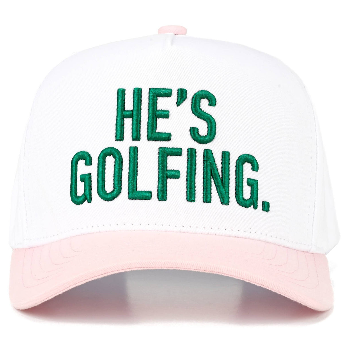 C.C HE'S GOLFING Letter Embroidered on Two Tone Trucker Hat: Light Pink