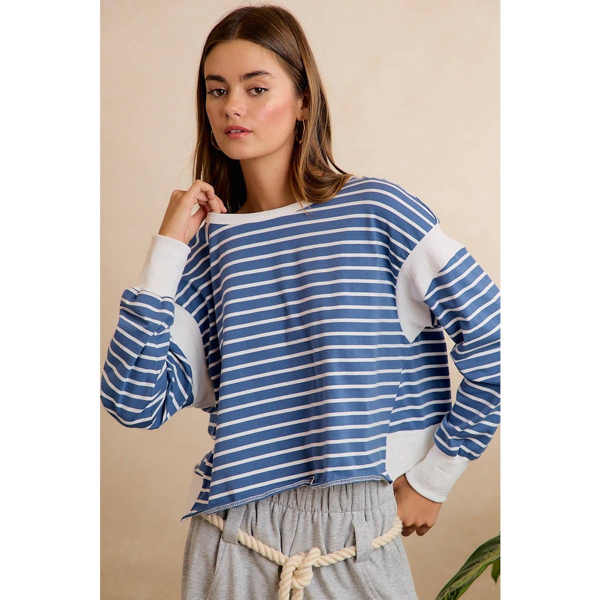 STRIPE OPEN BACK LONG SLEEVES TOP: HUNTER/IVORY