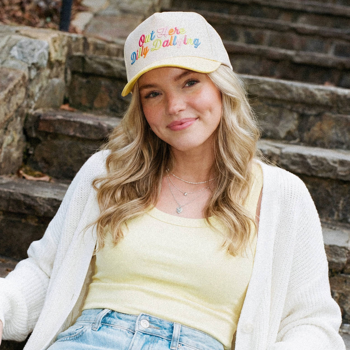 C.C OUT HERE DILLY DALLYING Letter on Two Tone Trucker Hat: Hot Pink