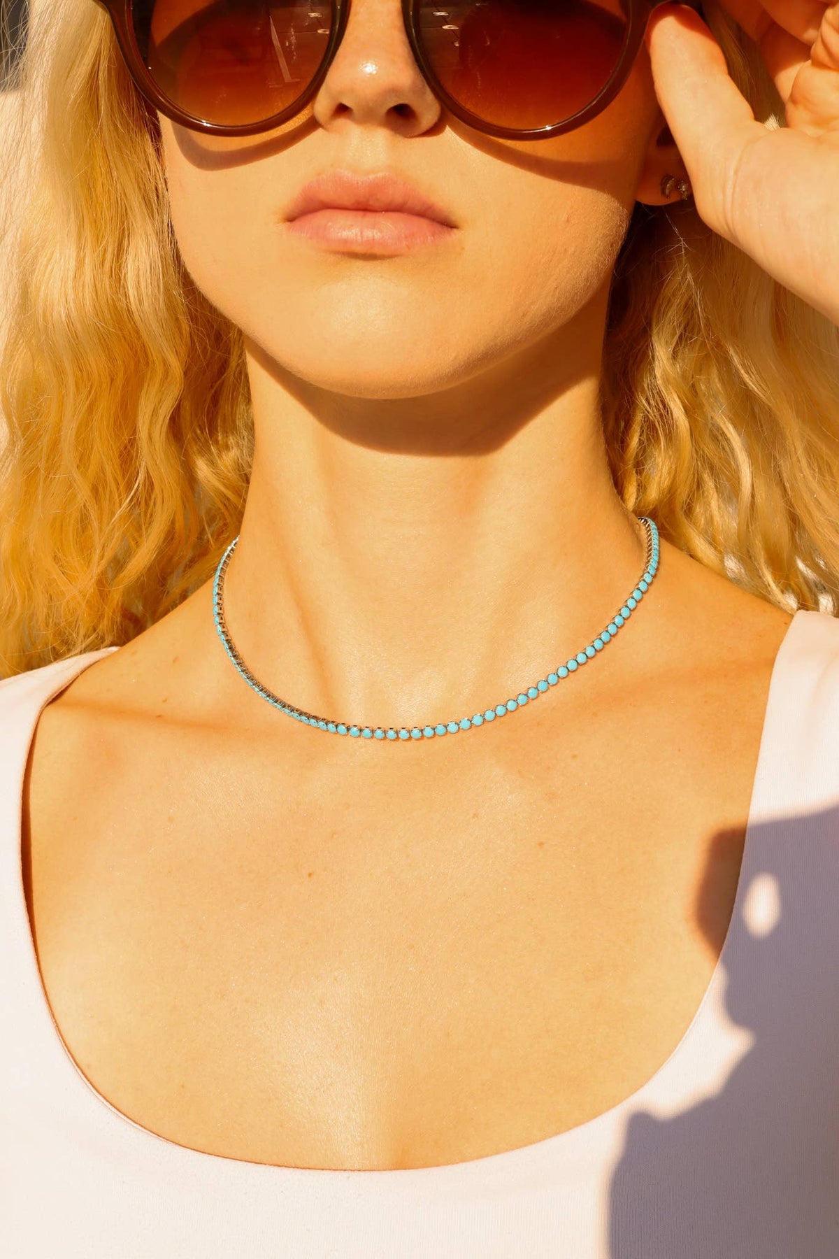 18k Gold Turquoise Rhinestone Tennis Chain Necklace: 16"+2" / 3mm