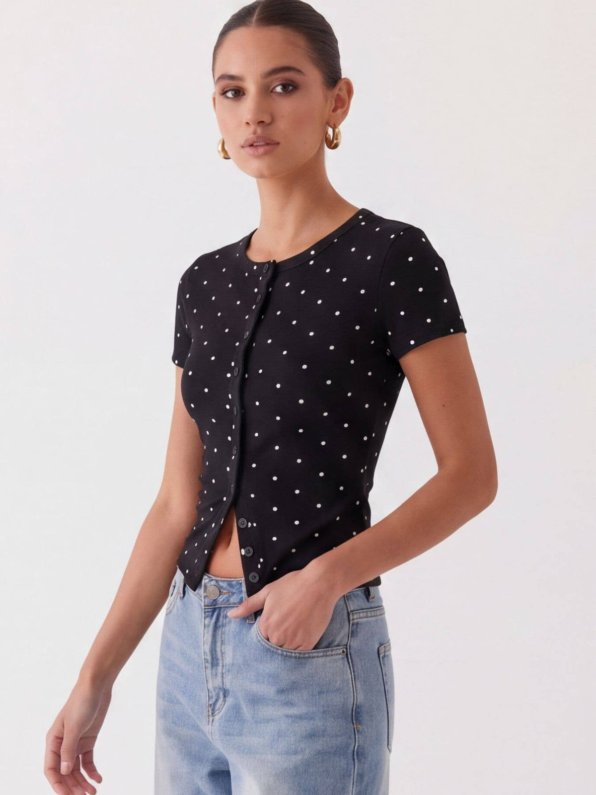 Ribbed Polka Dot Fitted Short Sleeve T-Shirt: White