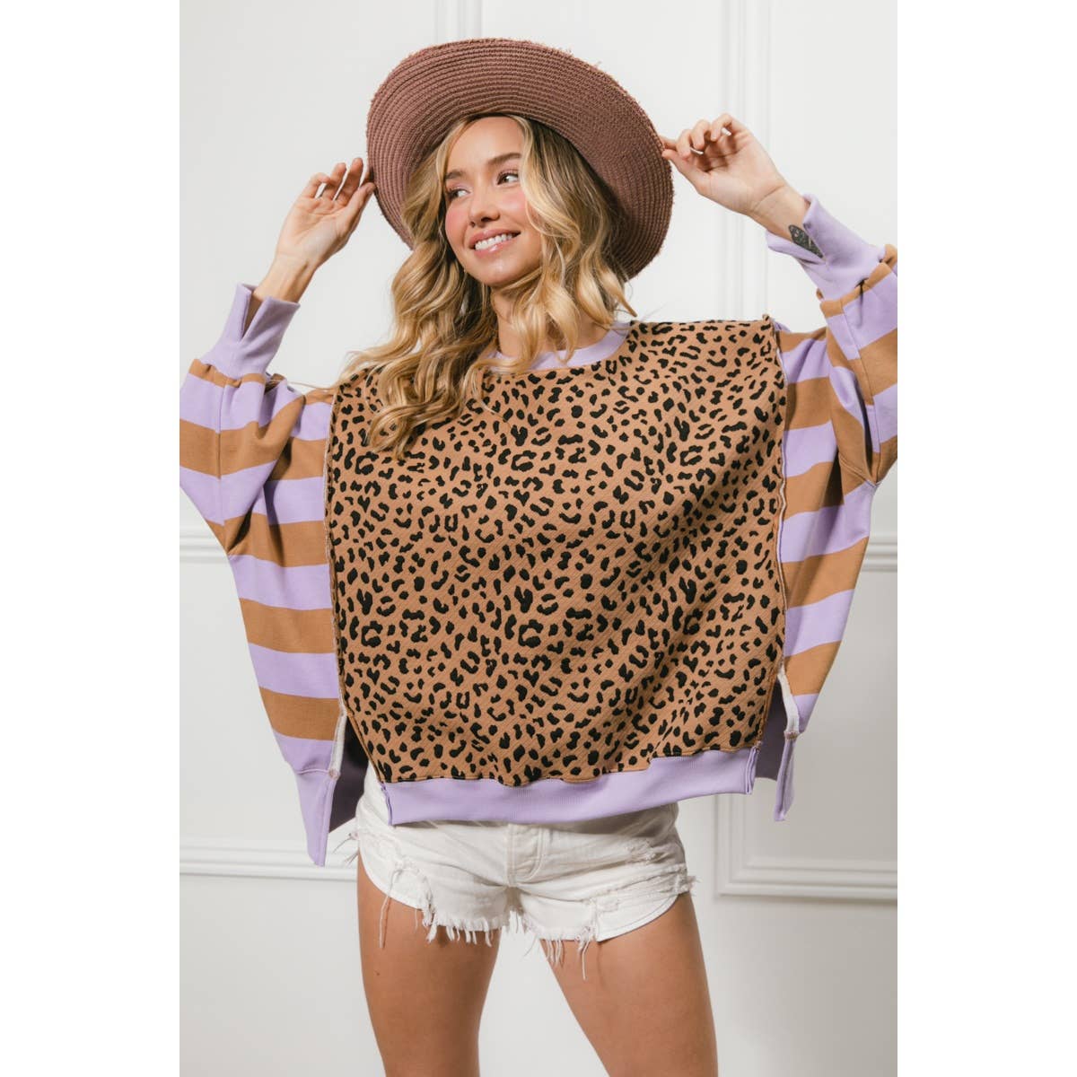 LEOPARD AND STRIPE MIXED TOP: CAMEL