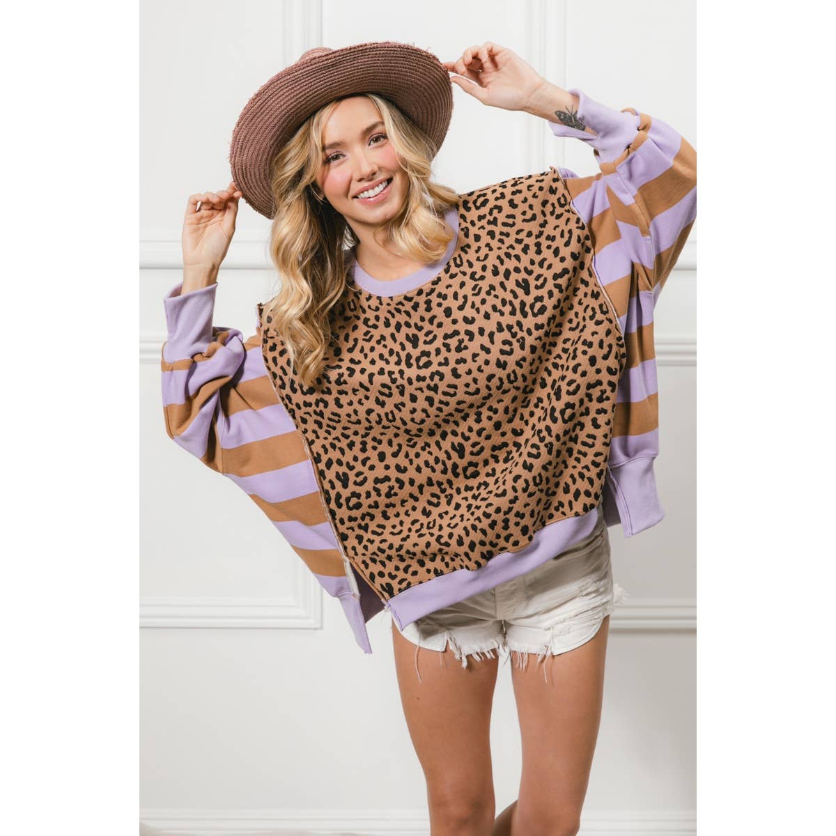 LEOPARD AND STRIPE MIXED TOP: CAMEL