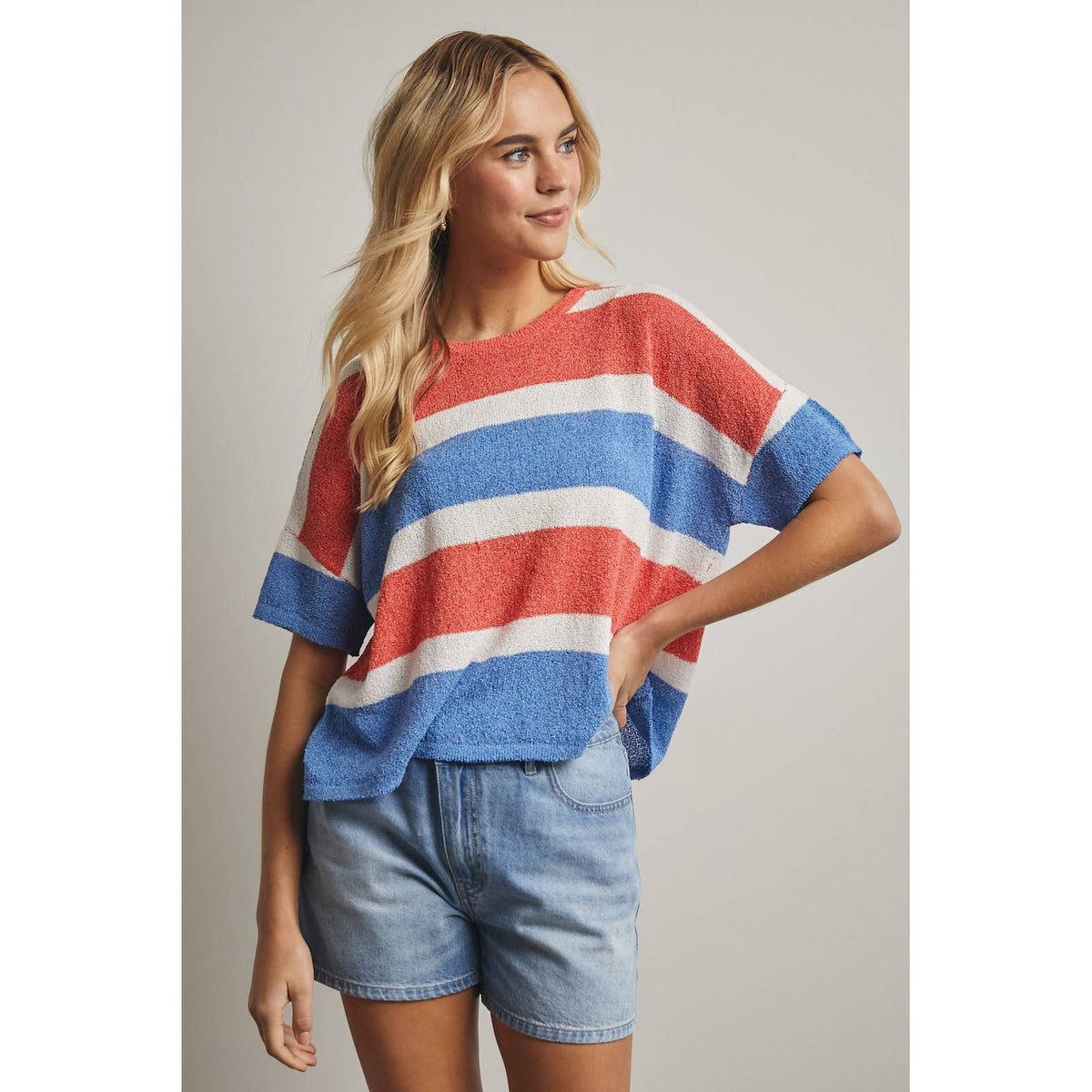 STRIPED BOXY SWEATER TOP / WL25-11701: RED/BLUE / L