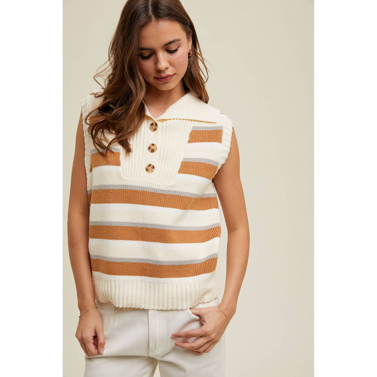MULTI-COLOR STRIPED SWEATER VEST WITH COLLAR