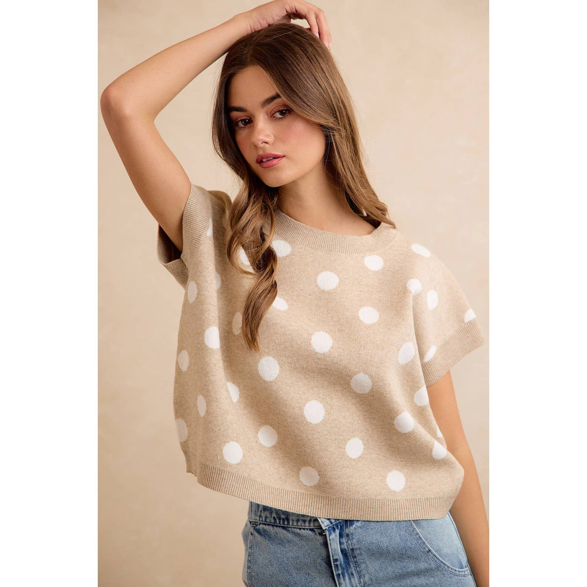 POLKA DOT KNIT SLEEVELESS TOP: BEIGE/IVORY