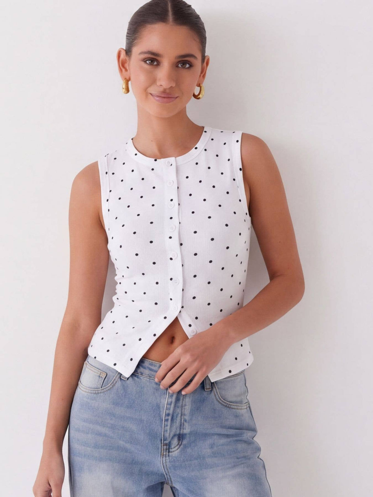 Polka Dot Ribbed Slim Fit Tank Top: White