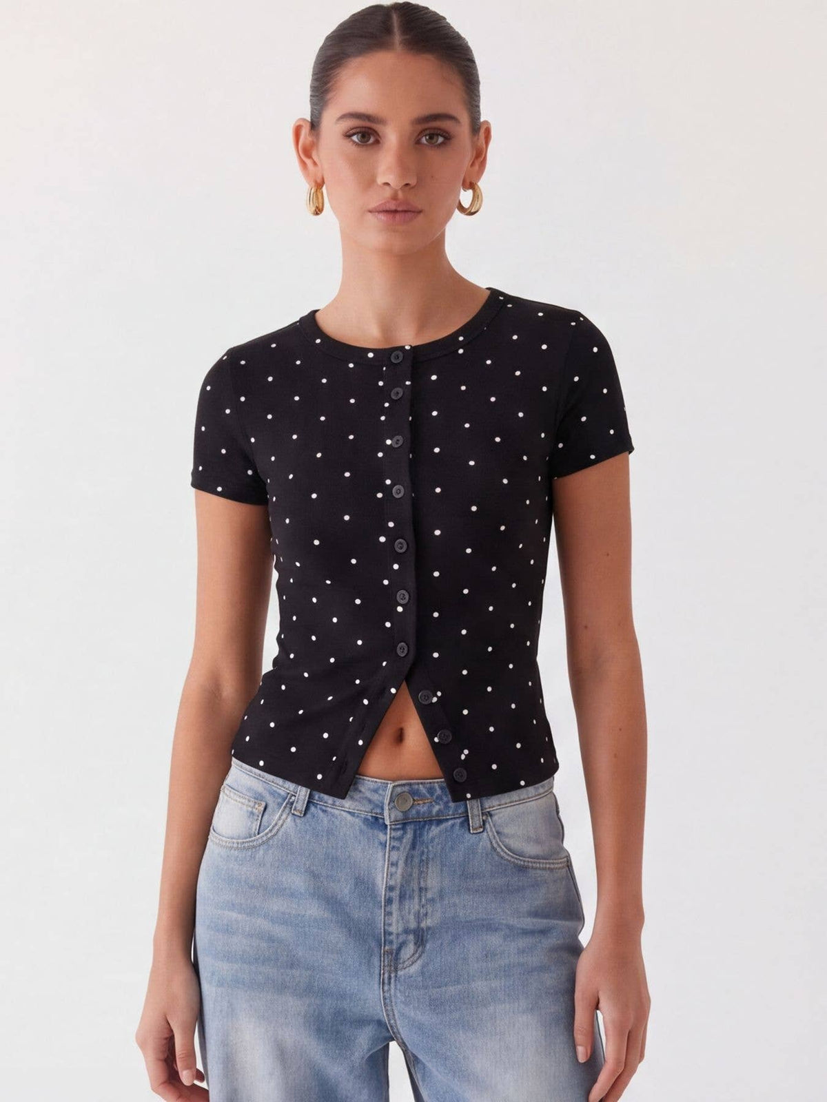 Ribbed Polka Dot Fitted Short Sleeve T-Shirt: White
