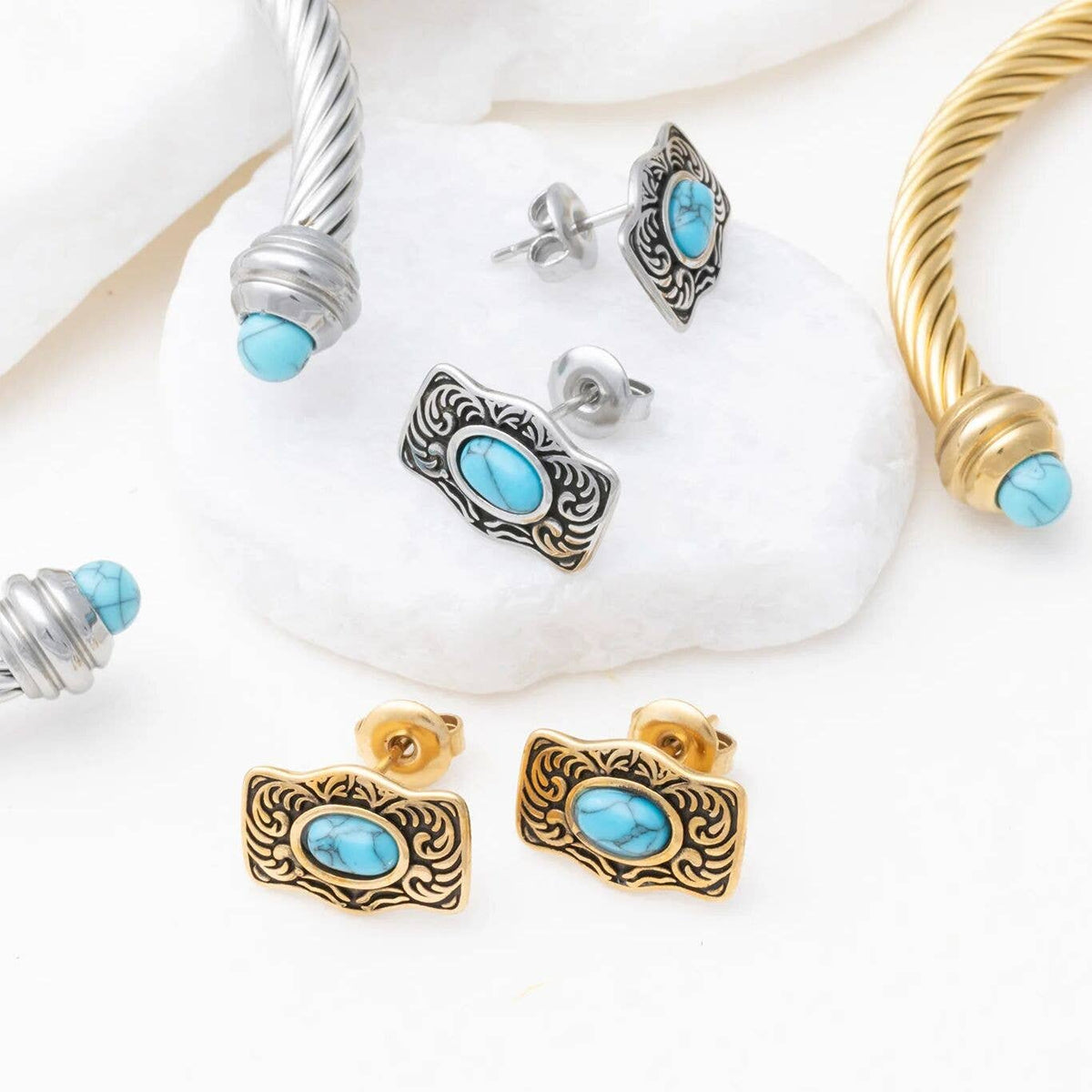 Gold Stainless Steel Turquoise Stone Buckle Stud Earrings: Gold