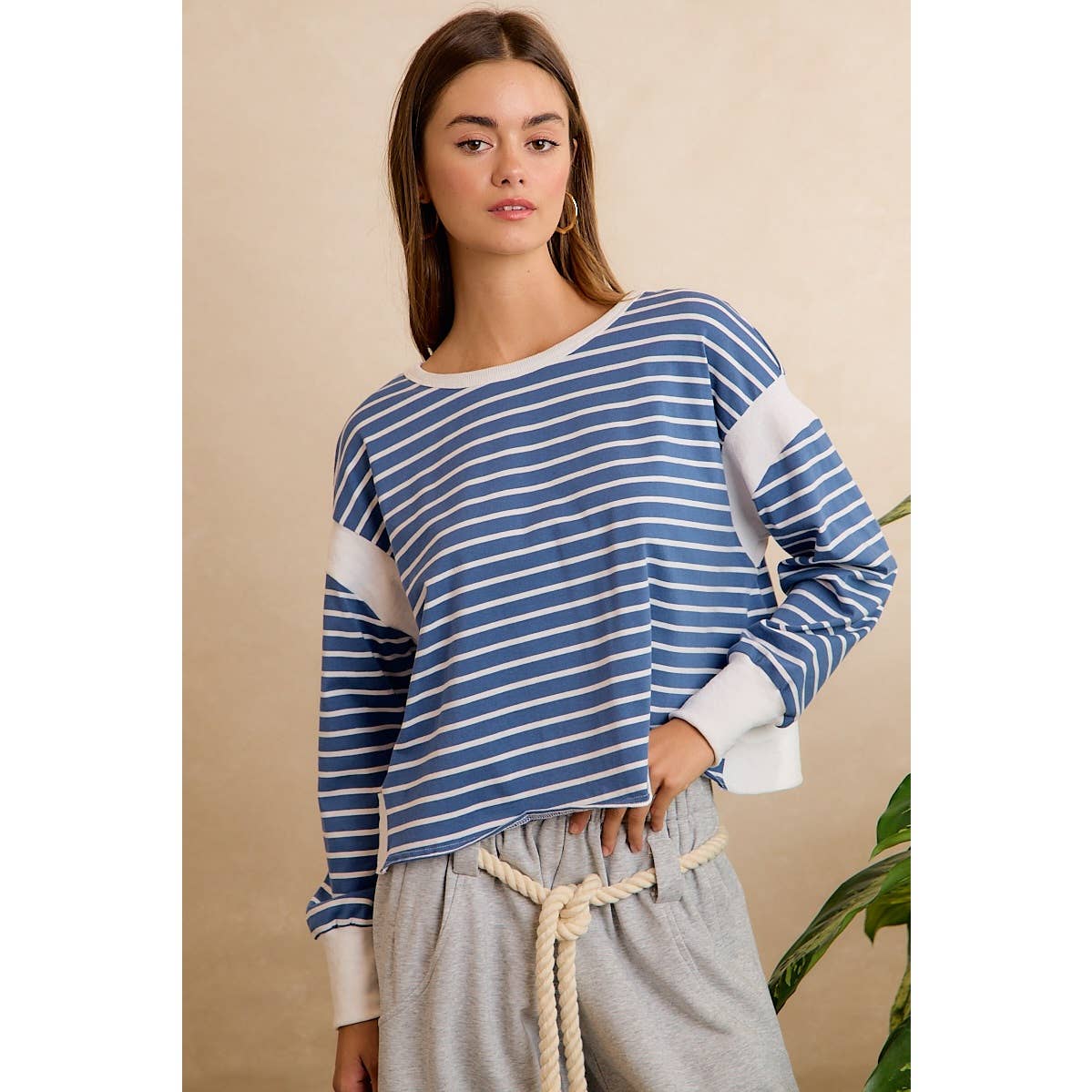 STRIPE OPEN BACK LONG SLEEVES TOP: HUNTER/IVORY