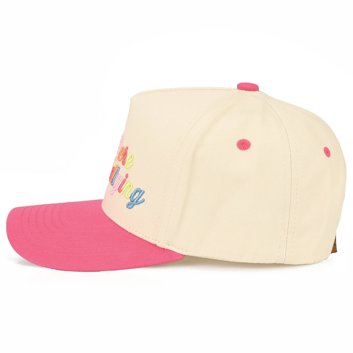 C.C OUT HERE DILLY DALLYING Letter on Two Tone Trucker Hat: Hot Pink