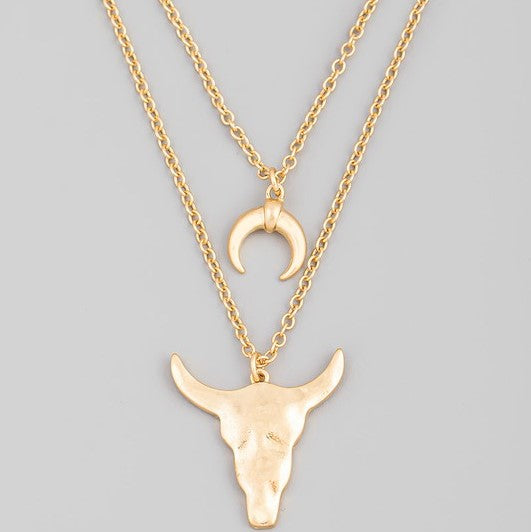 Gold Layered Chain Bull Head Pendant Necklace